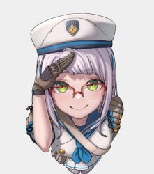 Rule 34 | 1girl, belt, blue bow, blue sailor collar, blush, boots, bow, brown gloves, closed mouth, collar, collarbone, dress, feet out of frame, from above, glasses, gloves, goddess of victory: nikke, green eyes, hair bow, hair ornament, hairclip, highres, long hair, looking at viewer, neon (nikke), pleated skirt, pouch, rakuo28, sailor collar, salute, short sleeves, simple background, skirt, smile, solo, standing, thigh boots, white background, white dress, white hair, white headwear