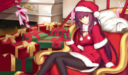 Rule 34 | 1girl, black pantyhose, box, breasts, fate/grand order, fate (series), gae bolg (fate), gift, gift box, gloves, hat, kauto, long hair, looking at viewer, pantyhose, polearm, purple hair, red eyes, red gloves, santa costume, santa hat, scathach (fate), sitting, smile, solo, very long hair, weapon