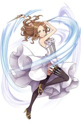 Rule 34 | 1girl, annette grace, black thighhighs, blue eyes, bracelet, breasts, brown hair, dress, dual wielding, full body, garter straps, highres, holding, jewelry, knife, long hair, looking at viewer, medium breasts, motion blur, necklace, official art, princess principal, princess principal game of mission, slashing, smile, standing, standing on one leg, thighhighs, throwing knife, transparent background, weapon, white dress