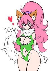 Rule 34 | 1girl, animal ears, bare legs, bare shoulders, breasts, cat ears, cat girl, cleavage, cleavage cutout, clothing cutout, curvy, fangs, female focus, happy, heart cutout, highleg, highleg leotard, highres, large breasts, leotard, long hair, looking at viewer, open mouth, paw print, perisie (star ocean), pink hair, ponytail, ryoi, simple background, smile, star ocean, star ocean first departure, tail, thick thighs, thighs, very long hair