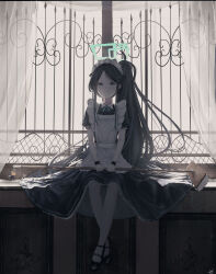 Rule 34 | 1girl, absurdly long hair, absurdres, alternate costume, apron, aris (blue archive), aris (maid) (blue archive), backlighting, black dress, black footwear, black hair, blue archive, blue eyes, closed mouth, commentary, curtains, dress, enmaided, forehead, halo, highres, holding, holding mop, indoors, kyatto-mikazu, long hair, maid, maid apron, maid headdress, mary janes, mop, narrowed eyes, petticoat, ringed eyes, shoes, short sleeves, side ponytail, sitting, smile, solo, swept bangs, symbol-only commentary, very long hair, white apron, window, wrist cuffs