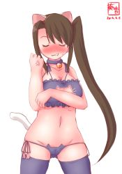 Rule 34 | 10s, 1girl, 2016, animal ears, artist name, bare shoulders, bell, blush, bra, breasts, brown hair, cat cutout, cat ear panties, cat ears, cat lingerie, cat tail, choker, cleavage, cleavage cutout, clenched teeth, clothing cutout, commentary request, dated, eyebrows, closed eyes, fake animal ears, fake tail, highres, kanon (kurogane knights), kantai collection, large breasts, long hair, meme attire, nachi (kancolle), navel, neck bell, panties, side-tie panties, side ponytail, simple background, solo, tail, teeth, underwear, white background