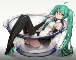 Rule 34 | 1girl, ahoge, boots, detached sleeves, green eyes, green hair, hatsune miku, high heels, in container, long hair, looking at viewer, matching hair/eyes, md5 mismatch, mini person, minigirl, necktie, sitting, skirt, solo, thigh boots, thighhighs, twintails, very long hair, vocaloid, zen33n