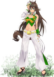Rule 34 | 1girl, absurdres, ahoge, animal ears, arm strap, bell-bottoms, black footwear, breasts, brown hair, choker, cleavage, closed mouth, collarbone, collared jacket, commentary request, cropped jacket, dated, fujisaki subaru, full body, grass, green eyes, green shirt, hair between eyes, hair ornament, hairclip, hand up, hat, high heels, highres, horse ears, horse girl, horse tail, jacket, long hair, long sleeves, looking at viewer, medium breasts, midriff, mini hat, mini top hat, mr. c.b. (umamusume), navel, open clothes, open jacket, pants, shadow, shirt, sidelocks, simple background, single bare shoulder, single sleeve, smile, solo, standing, strapless, strapless shirt, tail, top hat, umamusume, white background, white hat, white jacket, white pants, wrist cuffs, yellow choker