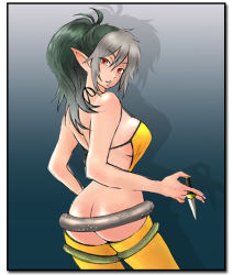 Rule 34 | 1girl, artist request, ass, bare shoulders, dagger, echidna (queen&#039;s blade), green hair, grey hair, hobby japan, knife, long hair, looking at viewer, looking back, multicolored hair, pointy ears, ponytail, queen&#039;s blade, shadow, silhouette, solo, standing, two-tone hair, weapon