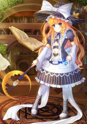 Rule 34 | 1girl, :&lt;, absurdres, alternate costume, blonde hair, blue eyes, book, bookshelf, boots, braid, cabinet, detached sleeves, dress, flask, floating book, floating object, hat, highres, kirisame marisa, long hair, magic circle, midriff, pantyhose, rayxray, solo, staff, touhou, very long hair, white pantyhose, witch hat