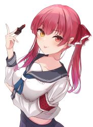 Rule 34 | 1girl, absurdres, armband, black sailor collar, blue skirt, blush, breasts, collarbone, hair ribbon, heterochromia, highres, hololive, houshou marine, long hair, long sleeves, looking at viewer, medium breasts, nishiki yuno, pleated skirt, red eyes, red hair, red ribbon, ribbon, sailor collar, shirt, skirt, solo, tongue, tongue out, twintails, uniform, virtual youtuber, white background, white shirt, yellow eyes
