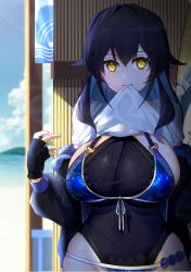 Rule 34 | 1girl, bikini, black gloves, black hair, black jacket, black one-piece swimsuit, blue bikini, blue hair, breasts, casual one-piece swimsuit, cleavage, clothes in mouth, clothes lift, covered navel, day, fingerless gloves, front-tie bikini top, front-tie top, gloves, hair intakes, indoors, jacket, large breasts, lens flare, lifting own clothes, long hair, looking at viewer, mouth hold, multi-strapped bikini, o-ring, o-ring bikini, o-ring top, off shoulder, one-piece swimsuit, open clothes, open jacket, original, shirt, shirt in mouth, shirt lift, sidelocks, skindentation, smile, solo, stomach, sunlight, swimsuit, swimsuit under swimsuit, upper body, white bikini, white shirt, xiujia yihuizi, yellow eyes