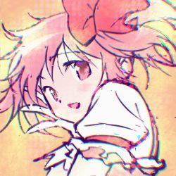 Rule 34 | 1girl, black outline, blurry, chromatic aberration, close-up, dot nose, floating hair, frilled sleeves, frills, from side, gloves, gradient background, hair ribbon, hand on own cheek, hand on own face, hand up, happy, highres, kaname madoka, light blush, looking at viewer, looking to the side, mahou shoujo madoka magica, mahou shoujo madoka magica (anime), orange background, outline, parted lips, pink eyes, pink hair, pink ribbon, pink theme, polka dot, puffy short sleeves, puffy sleeves, ribbon, short sleeves, short twintails, simple background, sketch, smile, solo, taniguchi jun&#039;ichirou, tareme, twintails, upper body, white gloves, yellow background