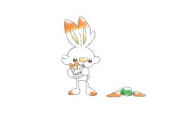 Rule 34 | brown eyes, carrot, commentary request, creatures (company), fang, game freak, gen 8 pokemon, highres, holding, nao me mo, nintendo, pokemon, pokemon (creature), scorbunny, simple background, solo, standing, toes, white background