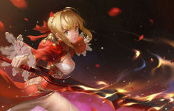 Rule 34 | 10s, 1girl, ahoge, ass, blonde hair, breasts, butt crack, cleavage, fate/extra, fate (series), from side, green eyes, highres, holding, holding sword, holding weapon, looking at viewer, medium breasts, nero claudius (fate), nero claudius (fate) (all), nero claudius (fate/extra), outstretched arms, petals, renyu1012, school uniform, short hair with long locks, sideboob, sidelocks, smile, solo, sword, weapon