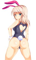 Rule 34 | 1girl, absurdres, animal ears, ass, bad id, bad pixiv id, blonde hair, blush, clothing cutout, fake animal ears, heart, heart cutout, highres, karaage teishoku (regret1994), leotard, long hair, looking at viewer, looking back, original, playboy bunny, rabbit ears, shiny skin, single thighhigh, solo, thighhighs, thong, thong leotard, white background, wrist cuffs