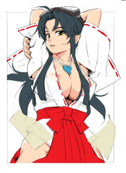 Rule 34 | 1girl, areola slip, armpits, arms behind head, arms up, atlus, black hair, braid, breasts, cleavage, covered erect nipples, detached sleeves, drain, goggles, goggles on head, hip focus, huge breasts, japanese clothes, jewelry, kimono, kimono skirt, large breasts, long hair, looking at viewer, magatama, midriff, miko, necklace, nipple slip, nipples, no bra, open clothes, open mouth, open shirt, psikyo, ribbon, see-through, sengoku ace, sengoku ace episode ii, sengoku blade, sengoku cannon, shirt, skirt, solo, tengai, togashi koyori, very long hair, wide hips, wide sleeves, yellow eyes, yukata
