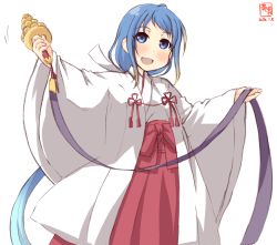 Rule 34 | 1girl, alternate costume, artist logo, bell, blue eyes, blue hair, commentary request, dated, gradient hair, hakama, hakama skirt, highres, japanese clothes, jingle bell, kagura suzu, kanon (kurogane knights), kantai collection, kimono, long hair, looking at viewer, miko, multicolored hair, red hakama, ribbon-trimmed sleeves, ribbon trim, samidare (kancolle), simple background, skirt, smile, solo, standing, swept bangs, very long hair, white background, white kimono, wide sleeves
