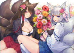 Rule 34 | 2girls, akagi (azur lane), animal ears, azur lane, black gloves, blue eyes, bouquet, breasts, brown hair, cleavage, coyucom, flower, fox ears, fox tail, gloves, hair flower, hair ornament, hair tubes, japanese clothes, kaga (azur lane), large breasts, long hair, looking at viewer, multiple girls, multiple tails, open mouth, pleated skirt, red eyes, rose, short hair, sitting, skirt, socks, tail, white hair, white legwear, wide sleeves, wristband