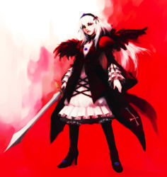 Rule 34 | 00s, dress, hairband, high heels, highres, hironox, red eyes, rozen maiden, shoes, solo, standing, suigintou, sword, weapon, white hair, wings