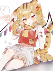 Rule 34 | 1girl, animal ears, animal hands, ascot, blonde hair, bloomers, crop top, crystal wings, flandre scarlet, happy new year, heart, highres, midriff, new year, red eyes, simple background, sleeveless, solo, sorani (kaeru0768), tail, tiger ears, tiger girl, tiger tail, touhou, underwear, white background, white bloomers, yellow ascot