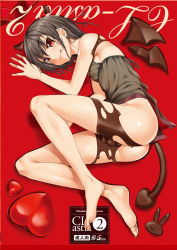 Rule 34 | 1boy, :q, ass, barefoot, bottomless, braid, brown eyes, brown hair, camisole, chocolate, cle masahiro, demon boy, demon tail, earrings, feet, goma-nyan, heart, horns, jewelry, lying, male focus, mitsuru-kun, nipples, on side, original, red eyes, see-through, solo, tail, tongue, tongue out, trap, wings