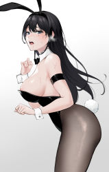 Rule 34 | 1girl, animal ears, areola slip, arm strap, bare shoulders, black bow, black bowtie, black hair, black hairband, black leotard, blue eyes, bow, bowtie, breasts, brown pantyhose, cowboy shot, detached collar, fake animal ears, fake tail, fingernails, from side, gradient background, grey background, hair between eyes, hairband, hand up, heavy breathing, highres, large breasts, leaning forward, leotard, long hair, looking at viewer, looking to the side, miyabe kiwi, mole, mole under eye, open mouth, original, pantyhose, playboy bunny, rabbit ears, rabbit tail, raised eyebrows, saliva, shiny skin, sideboob, solo, standing, strapless, strapless leotard, sweat, tail, tearing up, teeth, upper teeth only, white background, wrist cuffs