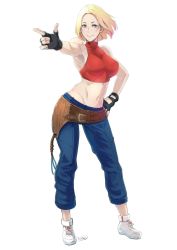 Rule 34 | 1girl, bare shoulders, blonde hair, blue eyes, blue mary, breasts, butcha-u, fatal fury, full body, highres, large breasts, looking at viewer, midriff, short hair, smile, snk, solo, standing, the king of fighters