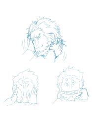 Rule 34 | 1boy, bara, beard, caressing cheek, cheek press, cheek pull, closed eyes, cropped shoulders, empty eyes, expressions, facial hair, fate/grand order, fate (series), hand on another&#039;s face, happy, highres, iskandar (fate), laughing, male focus, mature male, monochrome, motion lines, multiple views, pov adoring, shababuru, short hair, thick eyebrows
