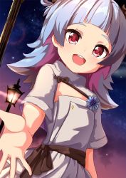 Rule 34 | 1girl, :d, ame., azur lane, blue flower, blue hair, bow, brown bow, capelet, commentary request, dress, flower, highres, lamppost, long hair, looking at viewer, multicolored hair, night, night sky, open mouth, outstretched arm, purple hair, red eyes, round teeth, sky, smile, solo, star (sky), starry sky, teeth, two-tone hair, u-556 (azur lane), u-556 (party knight!) (azur lane), upper teeth only, white capelet, white dress