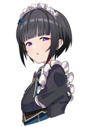 Rule 34 | 1girl, black dress, black hair, blue bow, blue bowtie, blue ribbon, blunt bangs, blush, bob cut, bow, bowtie, cropped torso, disgust, dot nose, dress, flat chest, from side, hair bow, hair ribbon, highres, idolmaster, idolmaster cinderella girls, idolmaster cinderella girls starlight stage, looking at viewer, mitche, parted lips, puffy sleeves, purple eyes, ribbon, shirayuki chiyo, short hair, simple background, solo, upper body, white background, white headdress