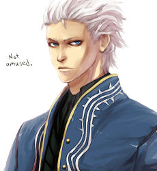 Rule 34 | 1boy, blue coat, blue eyes, closed mouth, coat, devil may cry, devil may cry (series), devil may cry 3, english text, grey background, hair slicked back, looking at viewer, male focus, open clothes, open coat, royalcat, simple background, solo, upper body, vergil (devil may cry), white hair