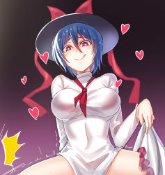 Rule 34 | 1girl, :q, ^^^, black background, black hat, blue hair, blush, bow, breasts, closed mouth, clothes lift, collarbone, commentary request, covered collarbone, covered navel, cowboy shot, dress, dress lift, girl on top, gradient background, hair between eyes, hat, hat bow, heart, heart-shaped pupils, highres, implied sex, koissa, large breasts, lifting own clothes, lips, long sleeves, looking at viewer, nagae iku, neckerchief, nose blush, one-hour drawing challenge, purple background, red bow, red eyes, red neckerchief, shiny skin, short hair, smile, solo, spread legs, symbol-shaped pupils, thighs, tongue, tongue out, touhou, turtleneck, twitching, white dress