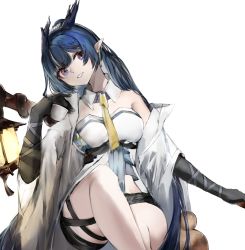 Rule 34 | 1girl, absurdres, arknights, bare shoulders, black shorts, blue hair, coat, commentary, cup, detached collar, earrings, feet out of frame, grin, hand up, highres, holding, holding cup, jewelry, kailu (kyshiro), ling (arknights), long hair, looking at viewer, necktie, off shoulder, pointy ears, purple eyes, shirt, short shorts, shorts, simple background, sitting, smile, solo, strapless, strapless shirt, symbol-only commentary, very long hair, white background, white coat, white shirt, yellow necktie
