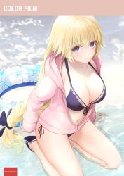 Rule 34 | 1girl, alternate costume, artist name, bare legs, beach, bikini, bikini under clothes, black bow, blonde hair, blush, bow, braid, breasts, cleavage, closed mouth, collarbone, dappled sunlight, fate/apocrypha, fate (series), floral print, front-tie bikini top, front-tie top, hair bow, hinoshita akame, hood, hooded jacket, innertube, jacket, jeanne d&#039;arc (fate), jeanne d&#039;arc (ruler) (fate), jeanne d&#039;arc (white cruising) (fate), kneeling, large breasts, light smile, long hair, long sleeves, looking at viewer, navel, open clothes, open jacket, outdoors, partially unzipped, pink jacket, purple bikini, sand, sandals, side-tie bikini bottom, single braid, sleeves past wrists, solo, sunlight, swim ring, swimsuit, very long hair, water, zipper