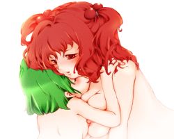 Rule 34 | 2girls, aoi mitsuru, asymmetrical docking, bad id, bad pixiv id, breast press, breasts, cleavage, completely nude, couple, female focus, green hair, hair bobbles, hair ornament, hug, large breasts, multiple girls, nude, onozuka komachi, red eyes, red hair, shiki eiki, short hair, touhou, twintails, two side up, yuri