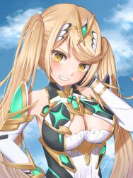 Rule 34 | 1girl, absurdres, aohoshi non, bare shoulders, blonde hair, blue sky, breasts, cleavage, cloud, cloudy sky, commentary request, day, dress, elbow gloves, gloves, hand up, headpiece, highres, large breasts, long hair, looking at viewer, mythra (xenoblade), outdoors, sky, sleeveless, sleeveless dress, solo, twintails, upper body, very long hair, white dress, white gloves, xenoblade chronicles (series), xenoblade chronicles 2