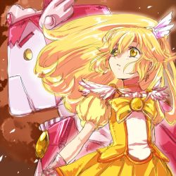 Rule 34 | 10s, 1girl, bad id, bad pixiv id, blonde hair, bow, brooch, brown background, choker, cowboy shot, cure happy, cure peace, hair flaps, happy robo, jewelry, kise yayoi, long hair, magical girl, mirrrrr, precure, puffy sleeves, robot, skirt, smile precure!, yellow bow, yellow eyes, yellow skirt