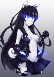 Rule 34 | 10s, 1girl, abyssal ship, animal ears, bad id, bad pixiv id, black hair, blue eyes, breasts, cat ears, cat tail, colored skin, dark persona, dog ears, dog tail, fang, gauntlets, gloves, glowing, glowing eyes, kantai collection, kemonomimi mode, light cruiser oni, long hair, medium breasts, miniskirt, navel, pale skin, school uniform, serafuku, simple background, skirt, sleeveless, solo, tail, torn clothes, weasel (close-to-the-edge), white skin