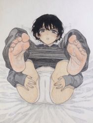 Rule 34 | 1girl, barefoot, black hair, cameltoe, clothes pull, feet, female focus, grey eyes, looking at viewer, lying, on back, on bed, original, panties, pants, pants pull, parted lips, short hair, soles, solo, spread pussy under clothes, sweatpants, tan, tanline, toes, traditional media, tsuntsuke, underwear, white panties
