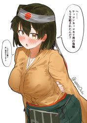 Rule 34 | 1girl, apron, arms behind back, breasts, brown hair, commentary request, gekiteki na beefsteak, green hakama, hakama, hakama short skirt, hakama skirt, headband, highres, hiryuu (kancolle), japanese clothes, kantai collection, kimono, large breasts, looking at viewer, one-hour drawing challenge, one side up, orange kimono, short hair, simple background, skirt, solo, upper body, white background