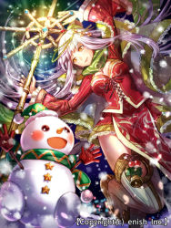 Rule 34 | 1girl, bad id, bad pixiv id, bell, blush, character request, company name, cross, dragon tactics, hat, holly, ichinose777, long hair, official art, open mouth, santa hat, snowman, staff, thighhighs, yellow eyes