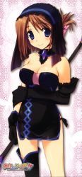 Rule 34 | 1girl, absurdres, amazuyu tatsuki, asymmetrical clothes, bare shoulders, blue eyes, breasts, brown hair, cleavage, folded ponytail, gloves, highres, komaki manaka, manaka de ikuno!!, single thighhigh, smile, solo, staff, thighhighs, to heart (series), to heart 2