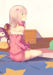 Rule 34 | 10s, 1girl, bare shoulders, blue eyes, blush, bow, eromanga sensei, frills, from side, gujianshaonu, hair bow, highres, indoors, izumi sagiri, long hair, long sleeves, looking at viewer, looking to the side, off shoulder, on bed, pajamas, parted lips, pink hair, red bow, sitting, solo, strap slip, stuffed animal, stuffed cat, stuffed toy, thighhighs, white thighhighs