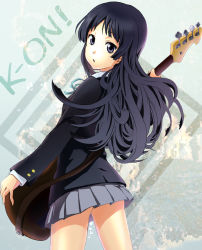 Rule 34 | 1girl, akiyama mio, at-speakeasy, bass guitar, blazer, instrument, k-on!, long hair, looking back, school uniform, solo, yuuhi (at-speakeasy)