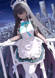 Rule 34 | 1girl, absurdres, anima miko, apron, black hair, blue archive, blue bow, blue bowtie, bow, bowtie, cityscape, closed mouth, dark-skinned female, dark skin, feet out of frame, frilled apron, frills, gloves, hair between eyes, highres, karin (blue archive), long hair, long sleeves, looking at viewer, maid apron, maid headdress, night, night sky, outdoors, pantyhose, short sleeves, sketch, sky, skyline, solo, white apron, white gloves, white pantyhose, yellow eyes