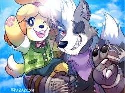 Rule 34 | 1boy, 1girl, animal crossing, animal ears, animal hands, arm up, artist name, black eyes, black gloves, blonde hair, blue background, blue sky, blush stickers, buck teeth, claws, cloud, dated, dog ears, dog girl, dog tail, eyepatch, fingerless gloves, furry, gloves, green vest, grin, hair tie, hand up, happy, isabelle (animal crossing), jacket, looking at viewer, neck ribbon, nintendo, one eye closed, open mouth, outdoors, pawpads, plaid, plaid vest, red eyes, red ribbon, ribbon, sharp teeth, shirt, short hair, short sleeves, signature, sitting on shoulder, sky, smile, star fox, sun, sunlight, super smash bros., tail, teeth, the-chu, topknot, upper body, v, vest, watermark, web address, white shirt, wink, wolf ears, wolf o&#039;donnell, wolf tail