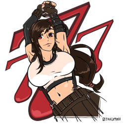 Rule 34 | 1girl, arms up, belt, black belt, black gloves, black shorts, breasts, brown hair, commission, final fantasy, final fantasy vii, fingerless gloves, gloves, large breasts, long hair, looking at viewer, low-tied long hair, midriff, navel, otakuman, red eyes, shorts, smile, solo, suspenders, tifa lockhart, white background