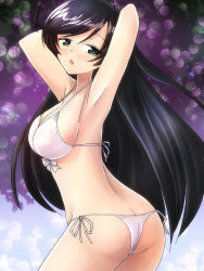 Rule 34 | 1girl, absurdres, armpits, arms behind head, arms up, ass, bikini, black eyes, black hair, bow, bow bra, bra, breasts, butt crack, cleavage, from behind, from side, girls und panzer, highres, isuzu hana, large breasts, long hair, looking back, oekaki lemon, open mouth, solo, swimsuit, underwear