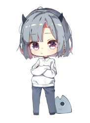 Rule 34 | 1girl, blue hair, blue pants, chibi, clip studio paint (medium), closed mouth, collared shirt, colored inner hair, crossed arms, fish head, full body, highres, horns, multicolored hair, original, pants, parted bangs, pink hair, red eyes, se.a, shirt, short hair, simple background, solo, standing, two-tone hair, white background, white shirt