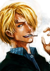 Rule 34 | 1boy, blonde hair, blouse, blue eyes, buttons, chef, cigarette, facial hair, formal, goatee, grin, hair over one eye, lack, male focus, one piece, pirate, realistic, sanji (one piece), shirt, smile, smoking, solo, striped clothes, striped shirt, suit