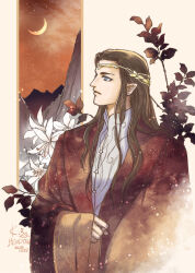 Rule 34 | 1boy, brown hair, brown sky, circlet, closed mouth, crescent moon, dated, elrond, grey eyes, highres, kazuki-mendou, long hair, long sleeves, male focus, moon, pointy ears, robe, signature, solo, starry moon, the lord of the rings, tolkien&#039;s legendarium, tolkien's legendarium, wide sleeves