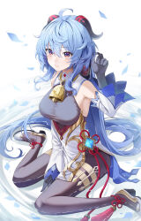 Rule 34 | 1girl, absurdres, ahoge, arm up, bell, black gloves, blue hair, bodysuit, breasts, closed mouth, commentary, detached sleeves, flower knot, ganyu (genshin impact), genshin impact, gloves, goat horns, gold trim, hair between eyes, highres, horns, large breasts, long hair, low ponytail, nacho (nacho 1103), neck bell, pelvic curtain, purple eyes, shoes, sitting, soaking feet, solo, tassel, thighlet, very long hair, vision (genshin impact), wariza, water, wavy hair, wet, wet hair