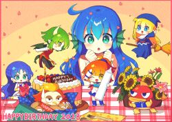 Rule 34 | 5girls, absurdres, arle nadja, birthday cake, blonde hair, blue eyes, blue hair, blush, broom, broom riding, brown hair, cake, candle, character request, chibi, china dress, chinese clothes, closed mouth, draco centauros, dragon girl, dragon horns, dragon tail, dress, earrings, food, green eyes, green hair, happy birthday, highres, horns, jewelry, long hair, madou monogatari, mermaid, monster girl, multiple girls, offbeat, open mouth, parted lips, puyopuyo, red dress, rulue (puyopuyo), serilly (puyopuyo), short hair, short ponytail, smile, suketoudara, sweatdrop, tail, witch (puyopuyo)